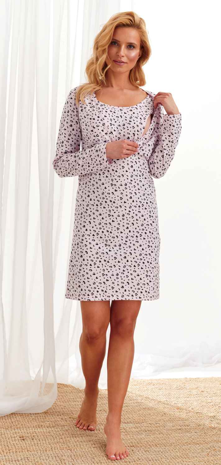 Taro, mateřská noční košile 1091-Linda, dlouhý rukáv, šedý melír s tiskem kopretin, vel. L