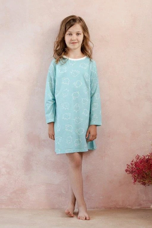 Dětská noční košile 3278-Tabbie, dlouhý rukáv, tyrkysová, vel. 122, 128, 134, 140