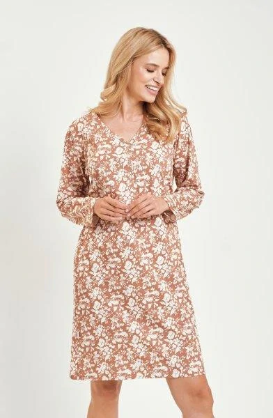 Taro, dámská noční košile 3480-Grace, dlouhý rukáv, hnědá, vel. XL