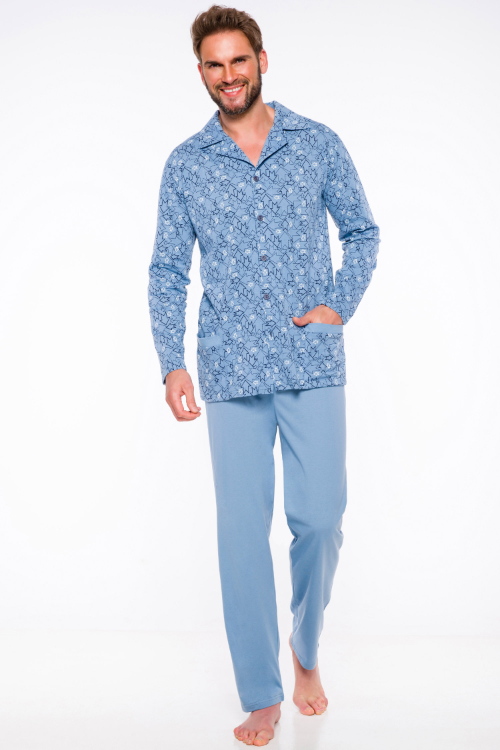Taro, pánské propínací pyžamo 1008-GRACJAN, dlouhý rukáv, modrá, vel. M