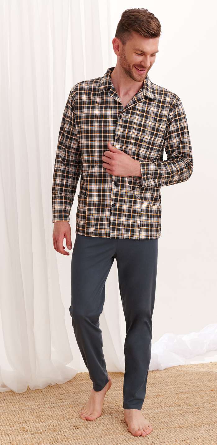 Taro, pánské propínací pyžamo 1008-GRACJAN, dlouhý rukáv, modrá, vel. M