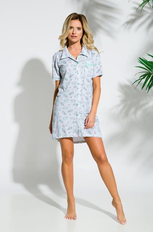 Taro, dámská propínací noční košile 2139-Dalia, krátký rukáv, světle šedá se zelenobílým potiskem, vel. S